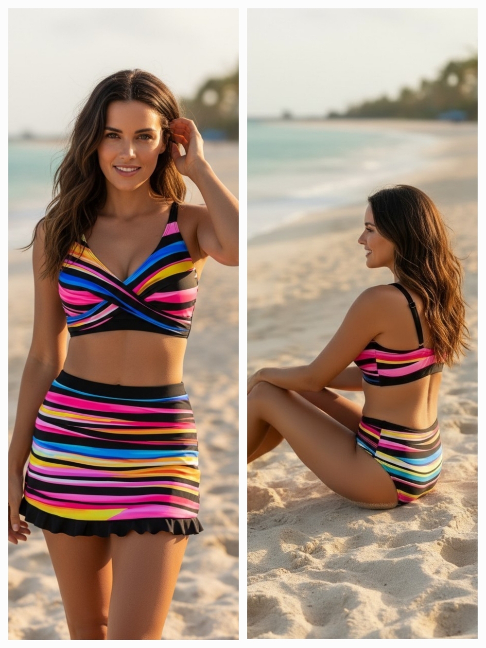 NWOT Women’s Multicolor 3 Piece Striped Swim Top & Skirt Set - Stylish Beachwear